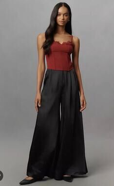 Anthropologie TND Solene Palazzo Satin Extra Wide Leg Pleated Pant Black Size XL
